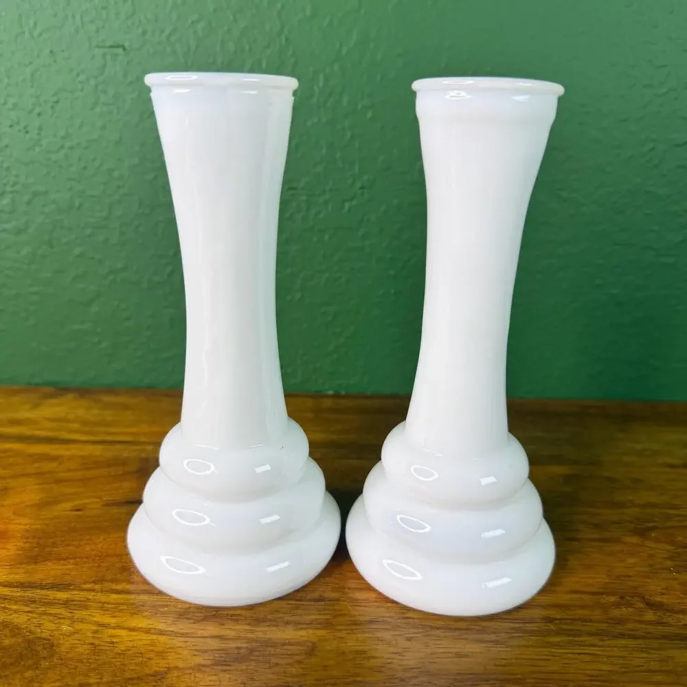 Vintage Milk Glass Vase Set Two Bud Vase Glasses